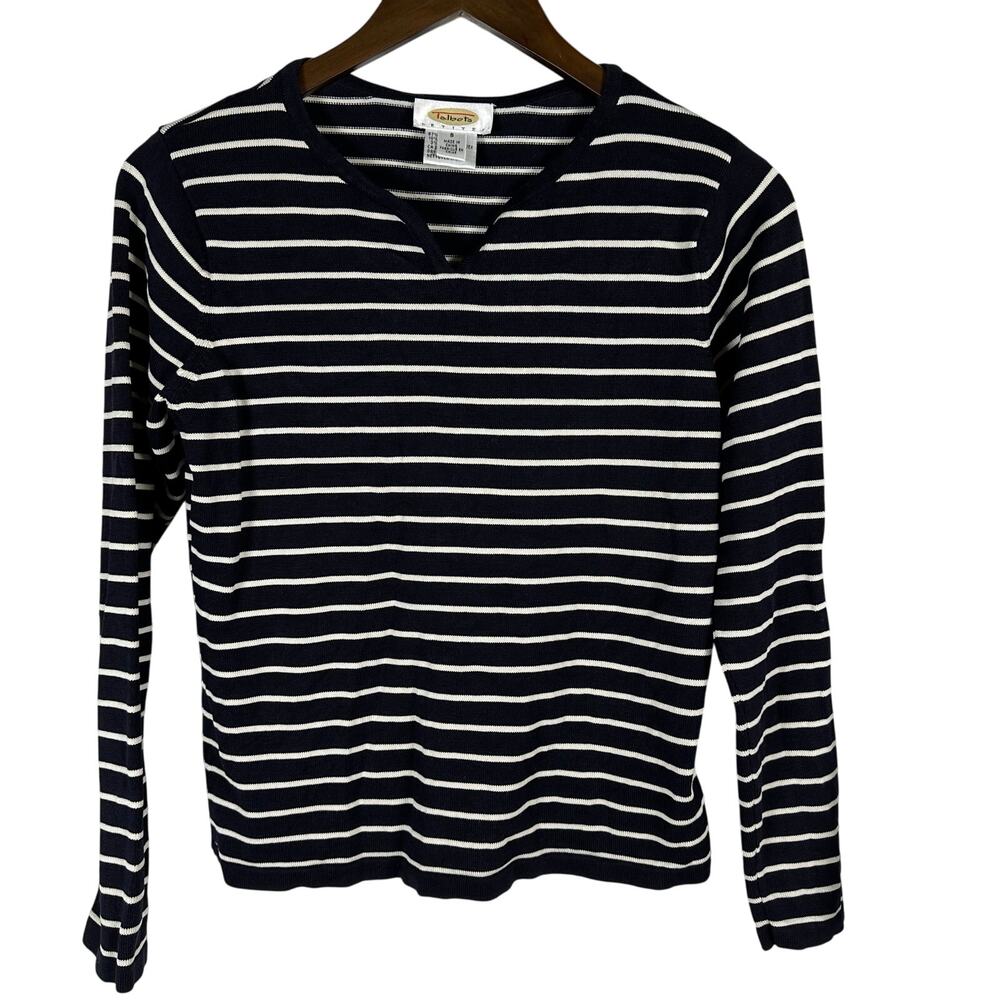 Talbots Navy Cream Striped Silk Long Sleeved Sweater S‎ Petite Classic Preppy